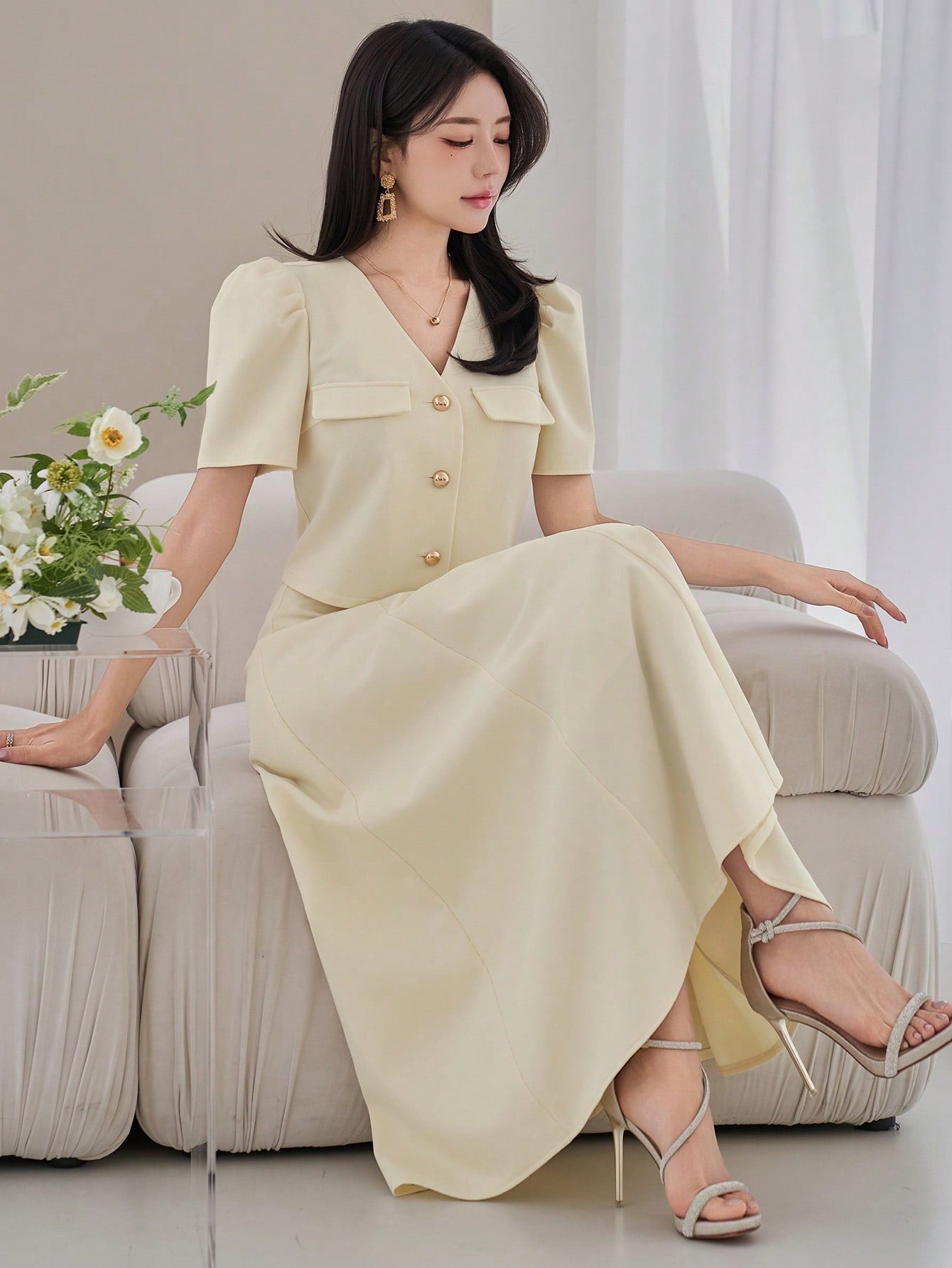 CM-SS636488 Women Elegant Seoul Style Solid Color V-Neck Puff Sleeve Faux Pocket Blouse With A-Line Skirt- Set