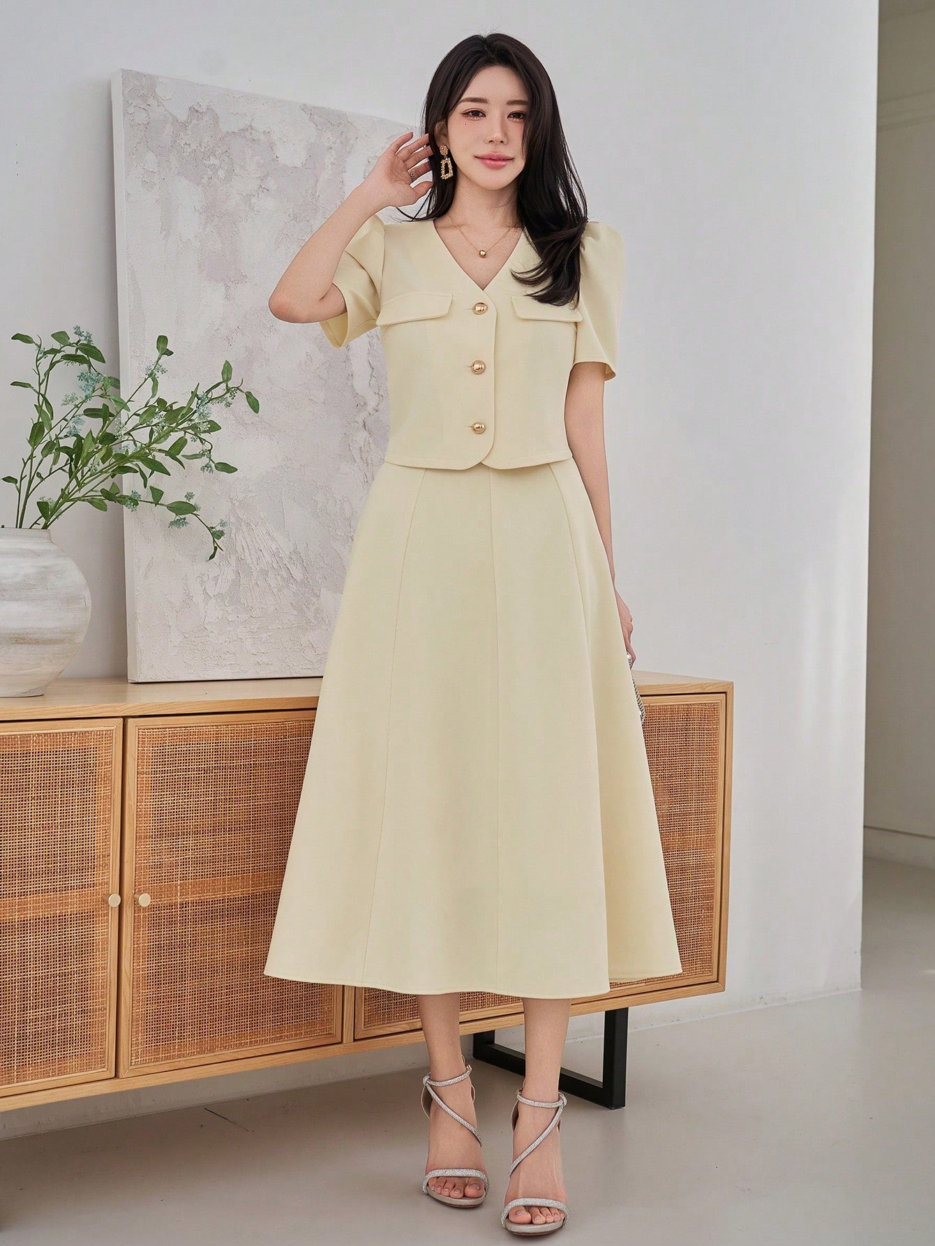 CM-SS636488 Women Elegant Seoul Style Solid Color V-Neck Puff Sleeve Faux Pocket Blouse With A-Line Skirt- Set