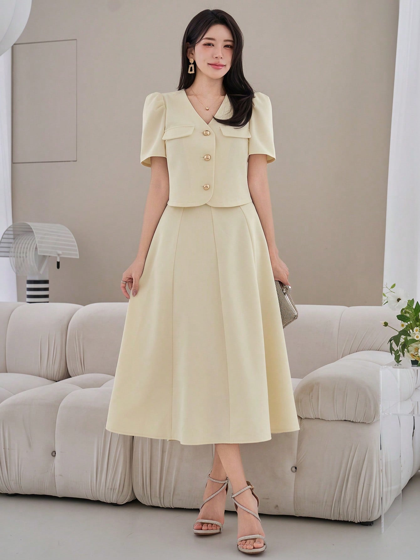 CM-SS636488 Women Elegant Seoul Style Solid Color V-Neck Puff Sleeve Faux Pocket Blouse With A-Line Skirt- Set