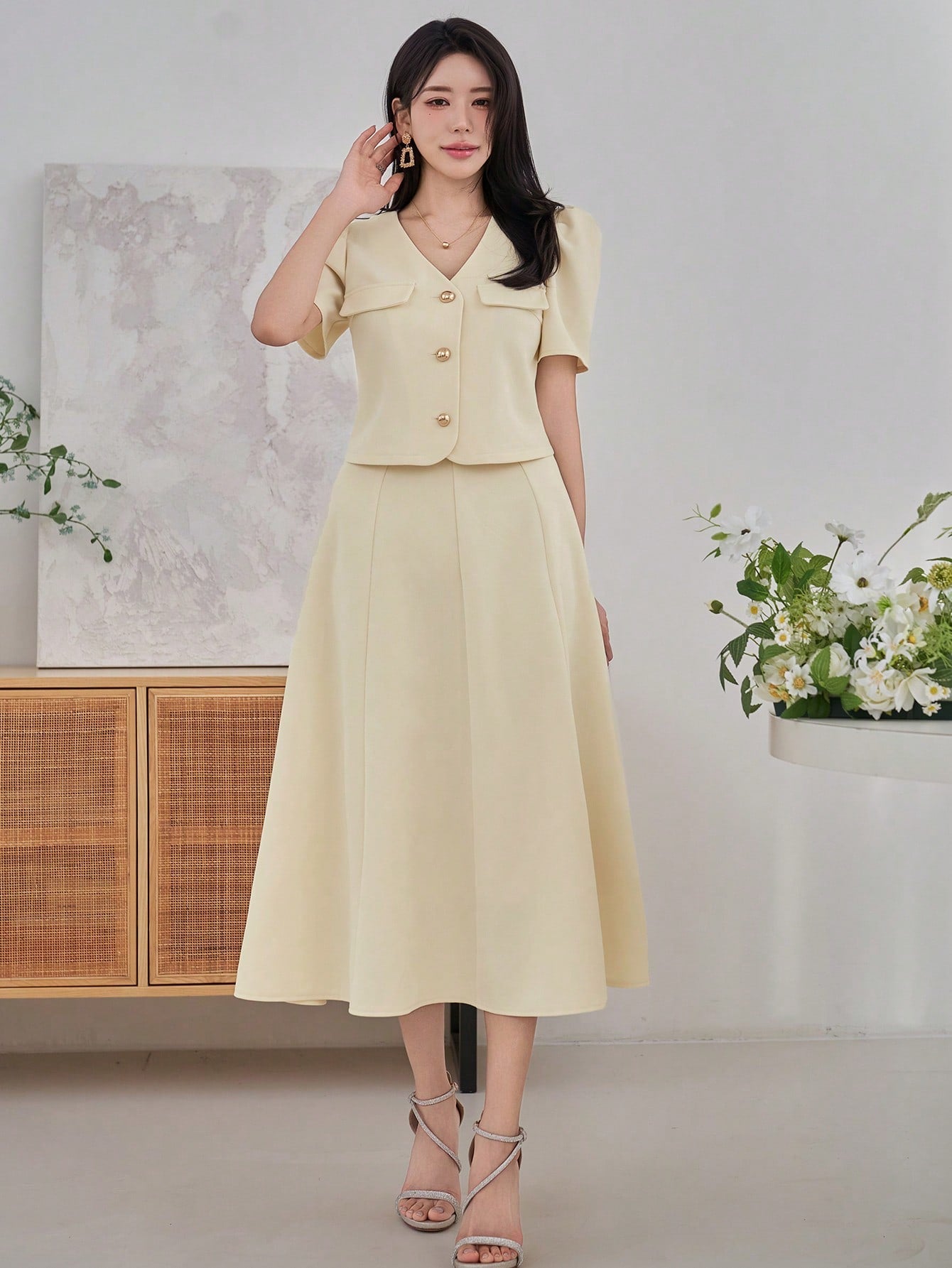 CM-SS636488 Women Elegant Seoul Style Solid Color V-Neck Puff Sleeve Faux Pocket Blouse With A-Line Skirt- Set