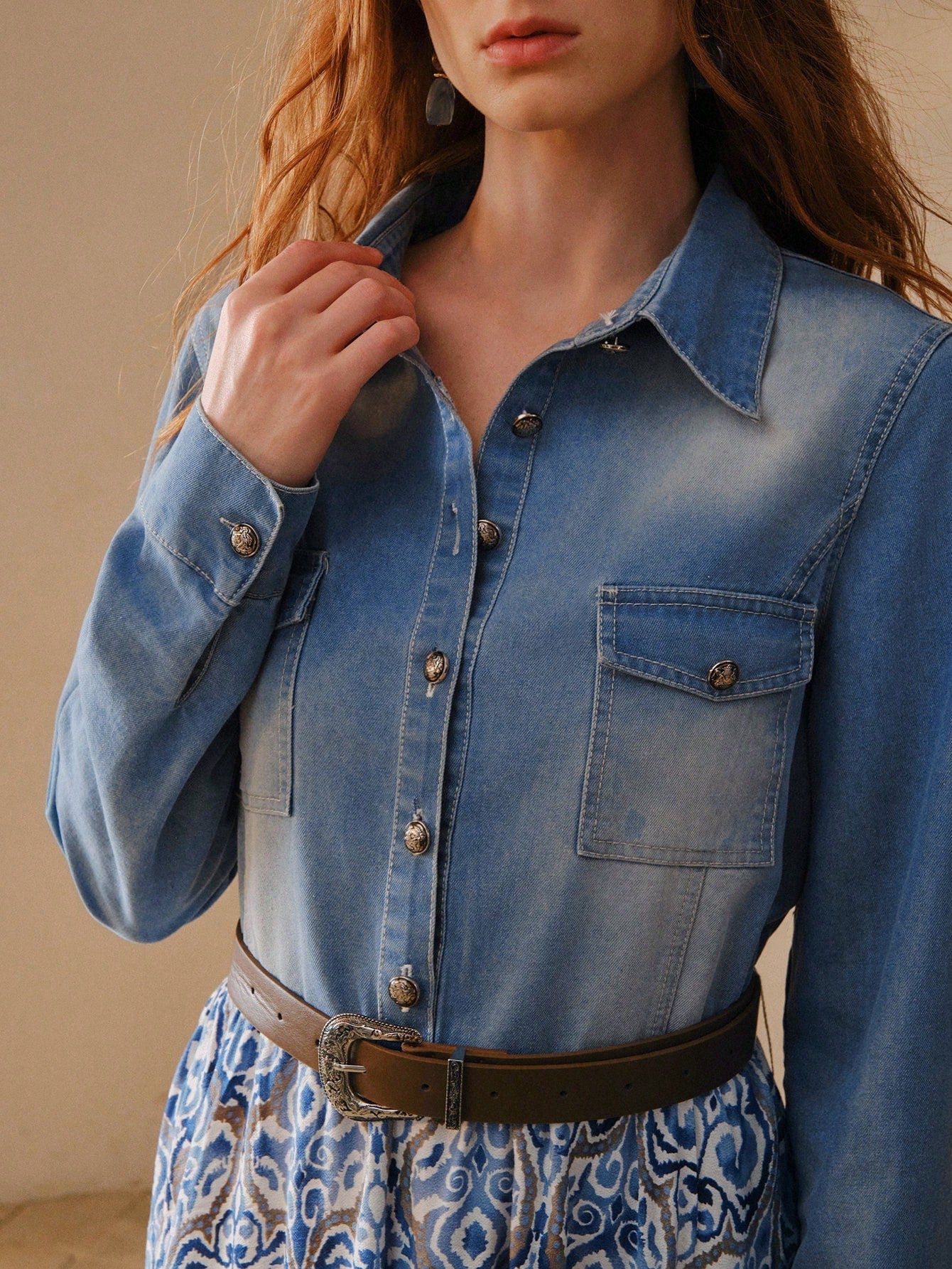 CM-DS330936 Women Elegant Seoul Style Patchwork Print Asymmetricla Hem Belted Denim Dress - Baby Blue