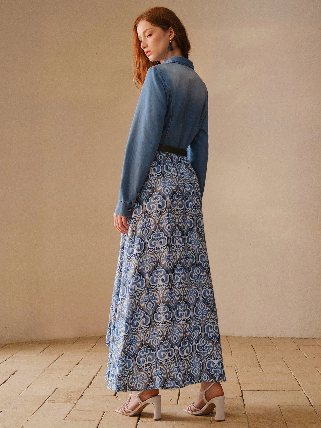 CM-DS330936 Women Elegant Seoul Style Patchwork Print Asymmetricla Hem Belted Denim Dress - Baby Blue