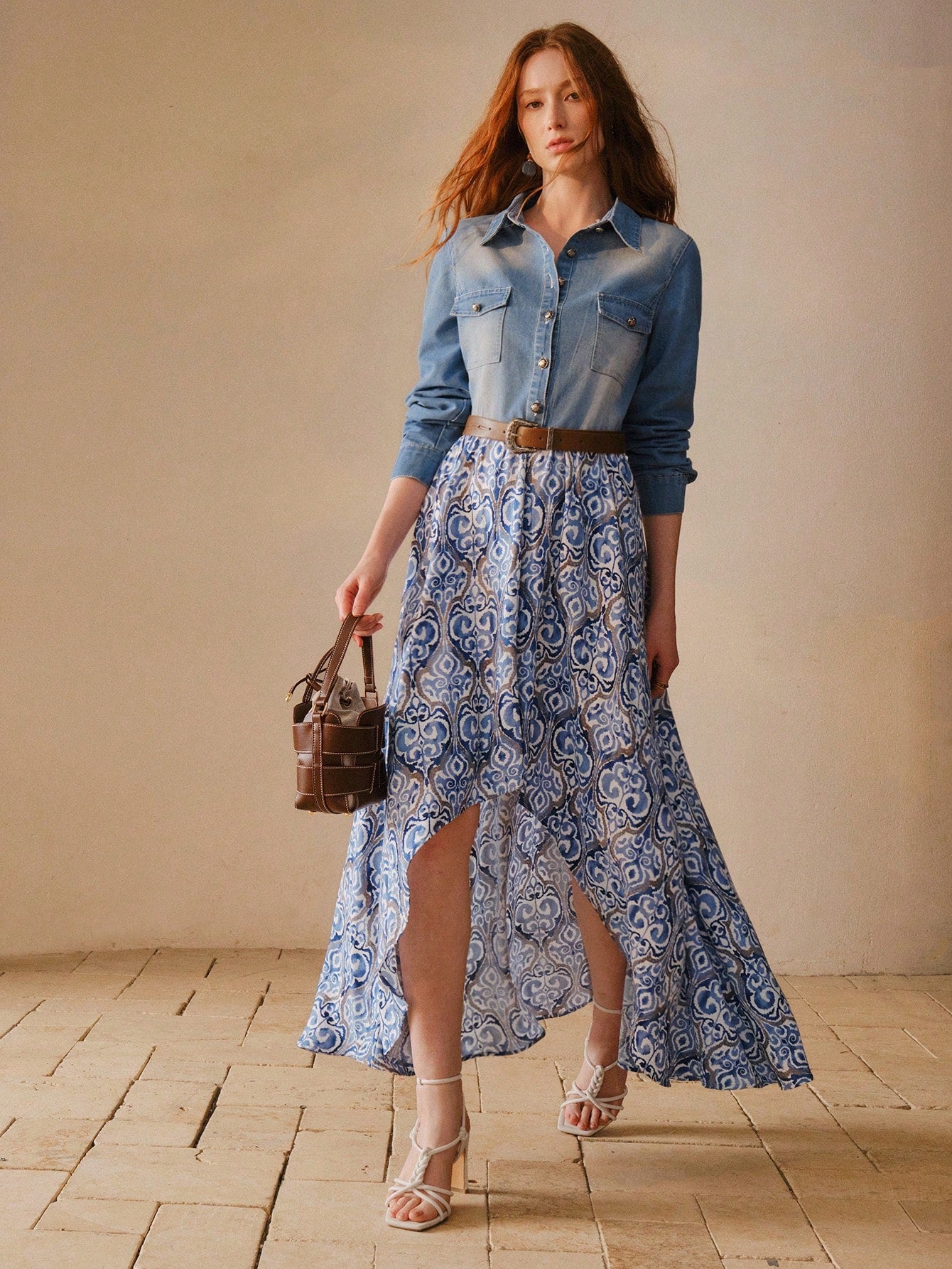 CM-DS330936 Women Elegant Seoul Style Patchwork Print Asymmetricla Hem Belted Denim Dress - Baby Blue