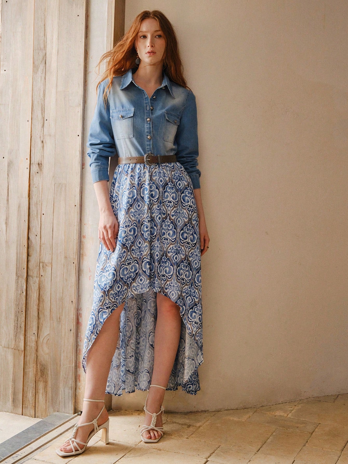 CM-DS330936 Women Elegant Seoul Style Patchwork Print Asymmetricla Hem Belted Denim Dress - Baby Blue