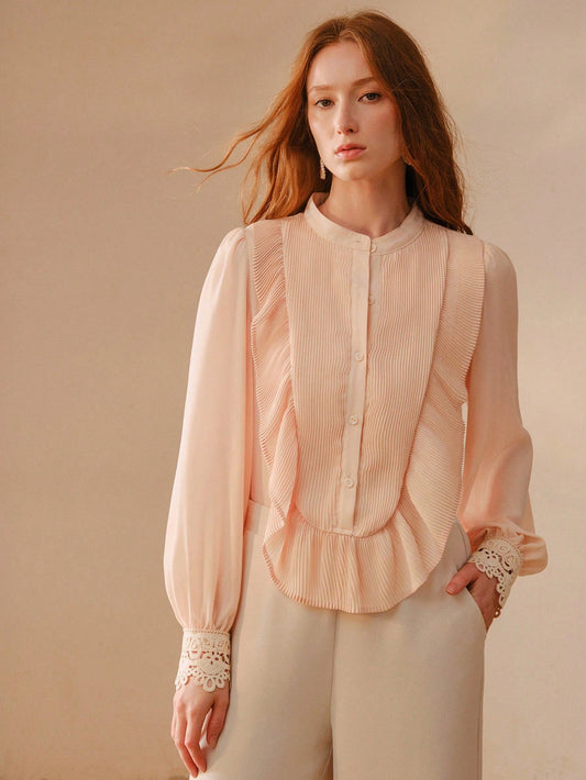 CM-TS113411 Women Elegant Seoul Style Mandarin Collar Lantern Sleeve Pleated Ruffle Trim Loose Blouse - Pink