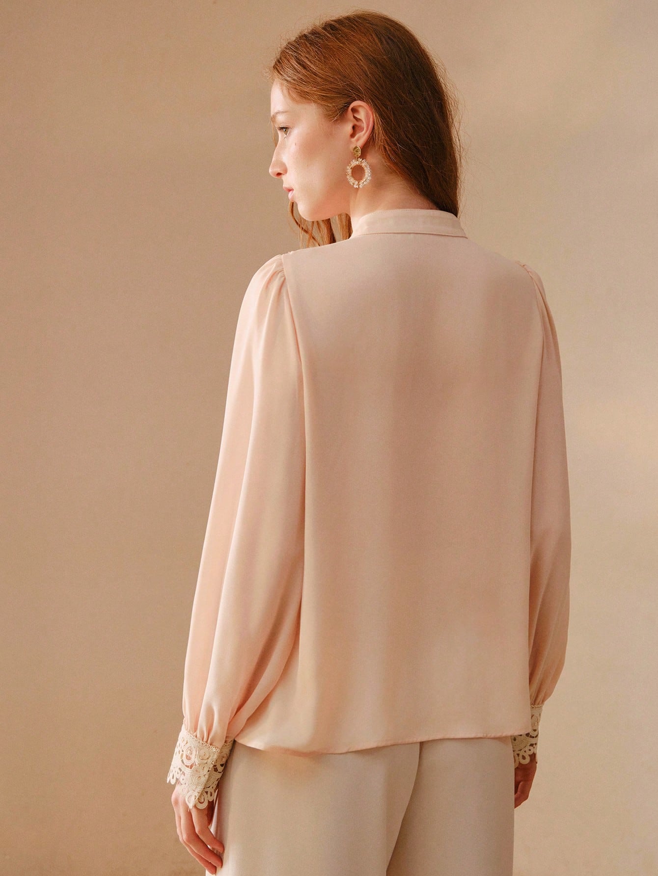 CM-TS113411 Women Elegant Seoul Style Mandarin Collar Lantern Sleeve Pleated Ruffle Trim Loose Blouse - Pink