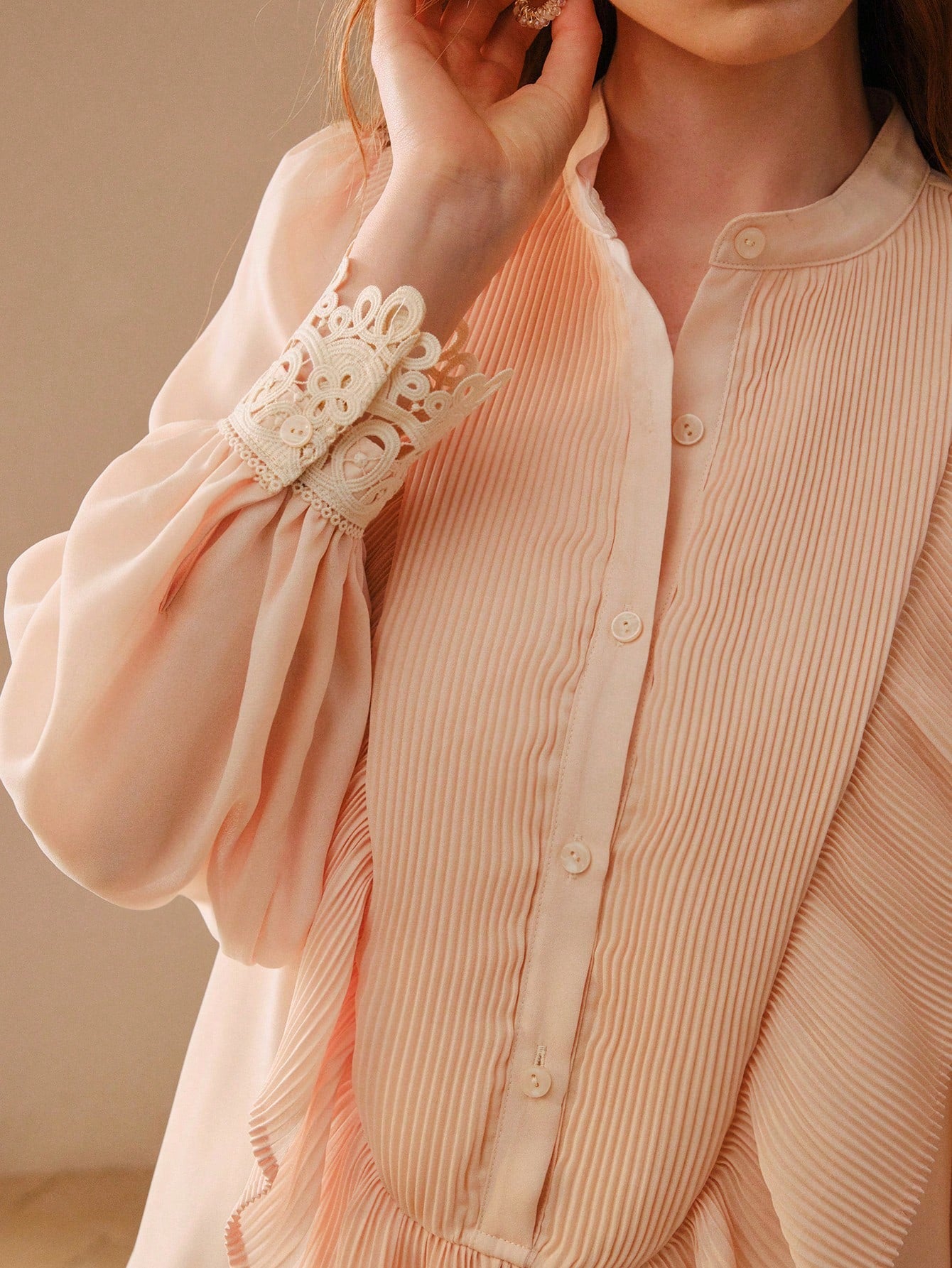 CM-TS113411 Women Elegant Seoul Style Mandarin Collar Lantern Sleeve Pleated Ruffle Trim Loose Blouse - Pink