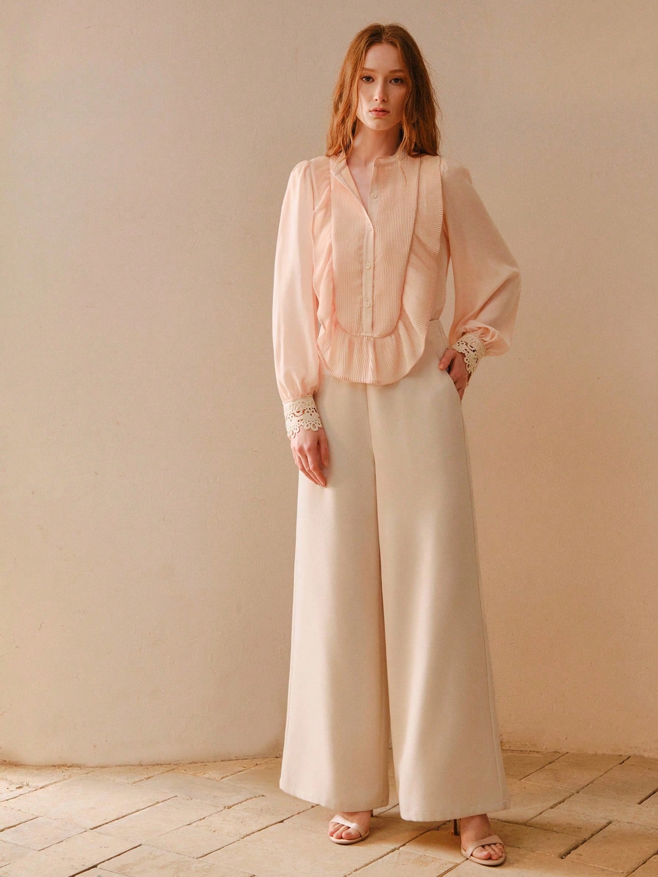 CM-TS113411 Women Elegant Seoul Style Mandarin Collar Lantern Sleeve Pleated Ruffle Trim Loose Blouse - Pink