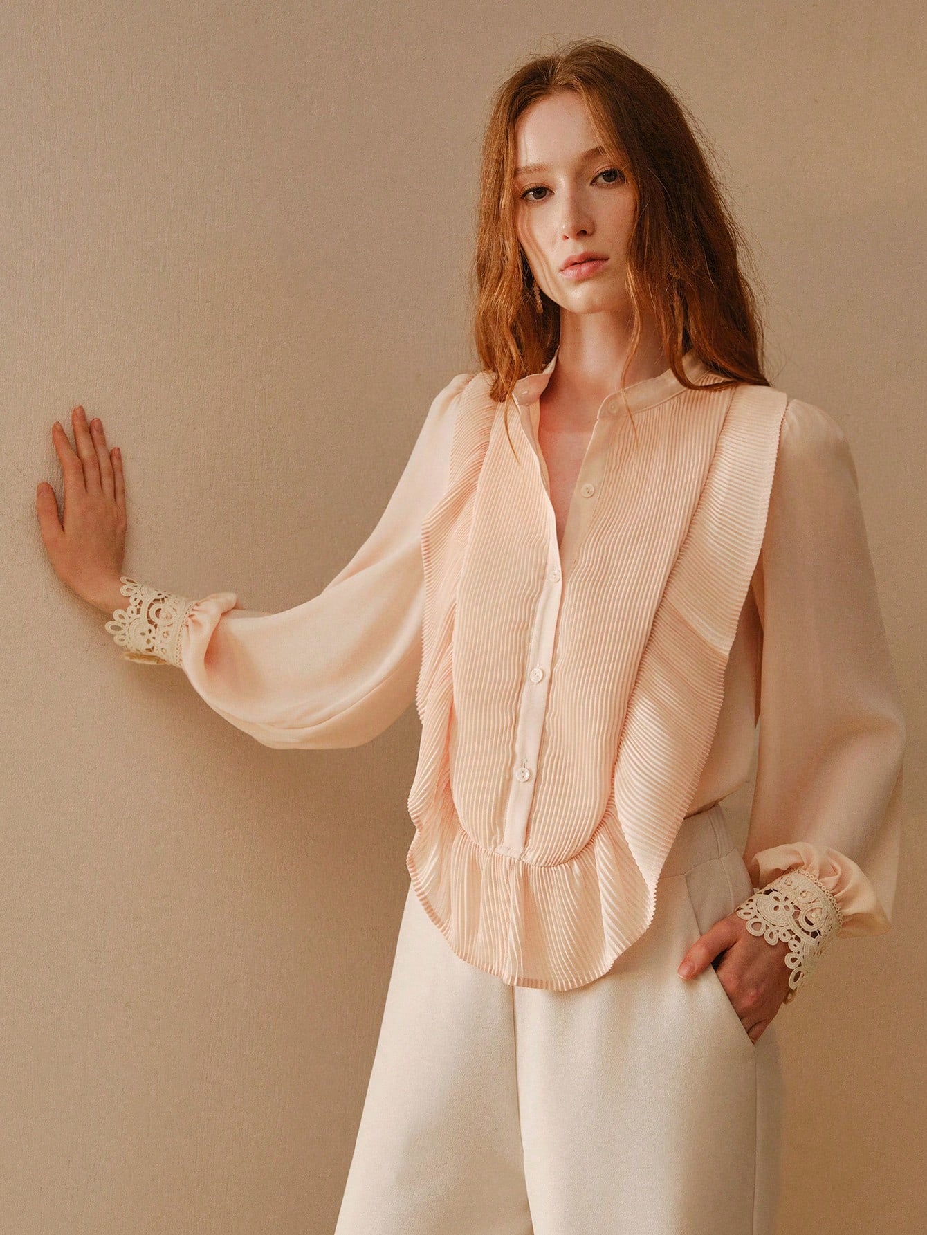 CM-TS113411 Women Elegant Seoul Style Mandarin Collar Lantern Sleeve Pleated Ruffle Trim Loose Blouse - Pink