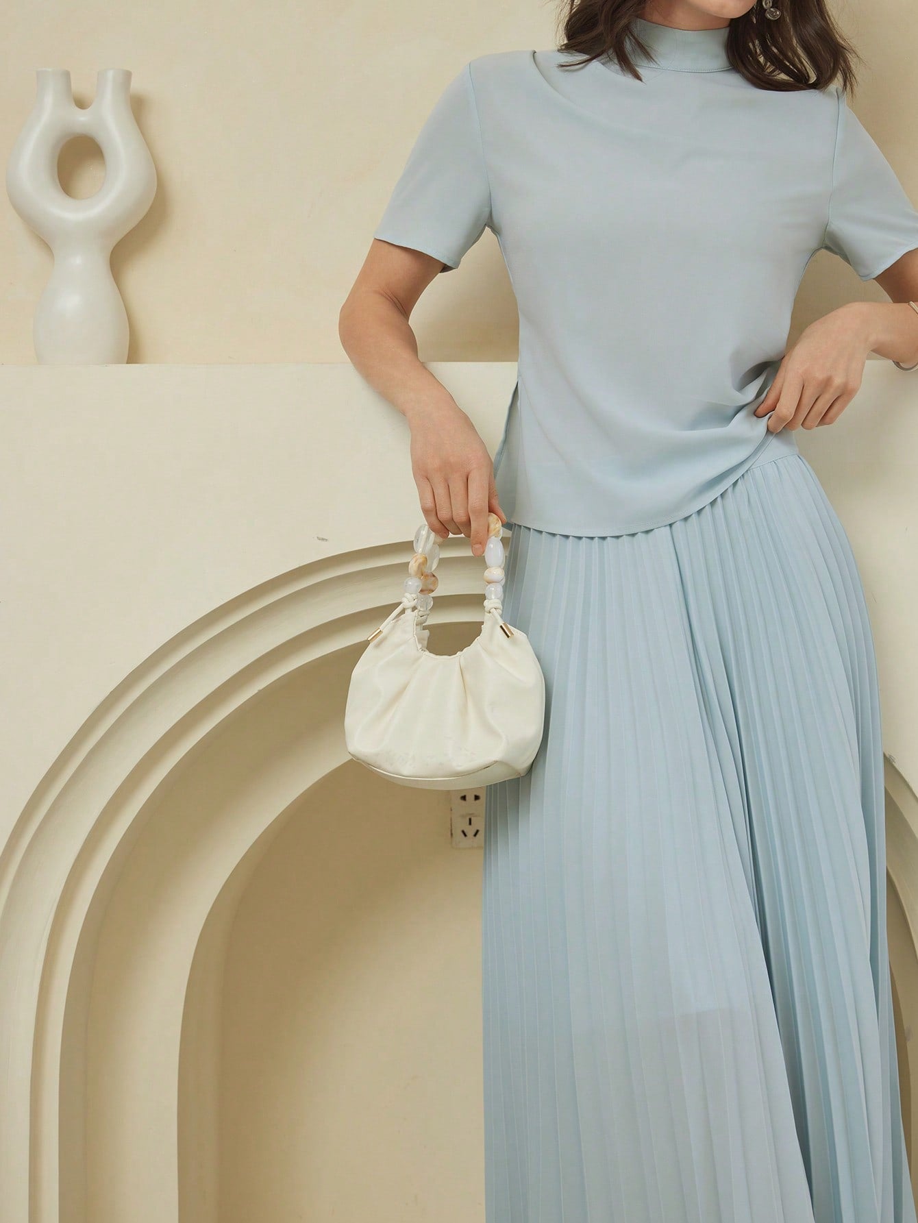 CM-SS467117 Women Elegant Seoul Style Stand Collar Short Sleeve Top With Pleated Skirt - Set