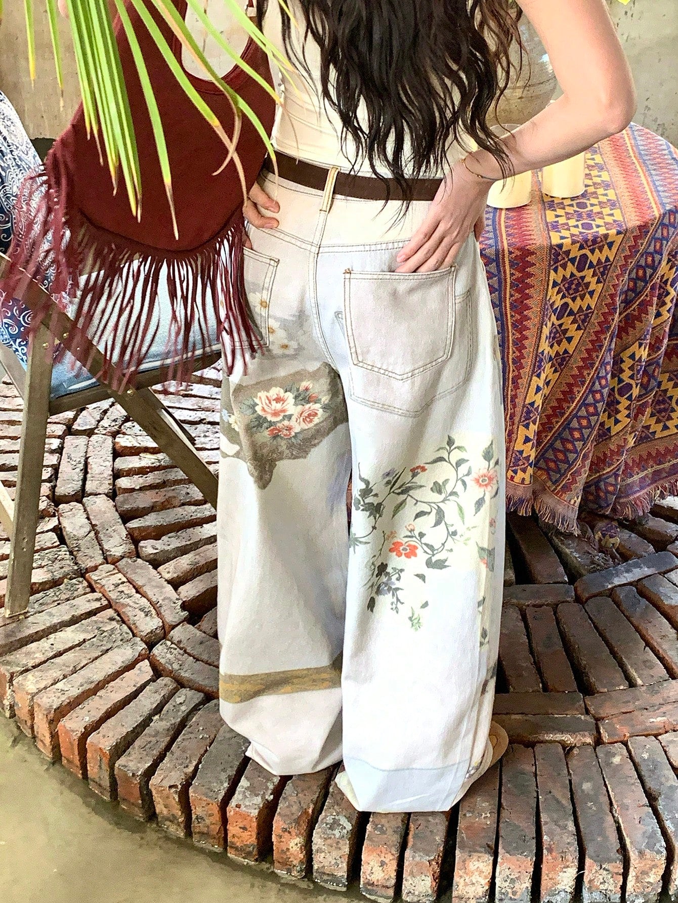 CM-BS031346 Women Casual Seoul Style Mid Waist Plaid Ombre Loose Fit Straight Leg Jeans