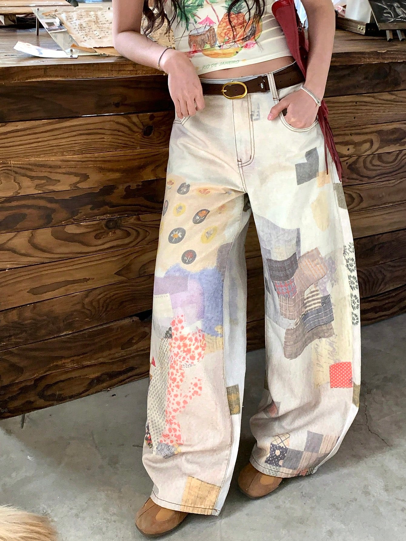 CM-BS031346 Women Casual Seoul Style Mid Waist Plaid Ombre Loose Fit Straight Leg Jeans