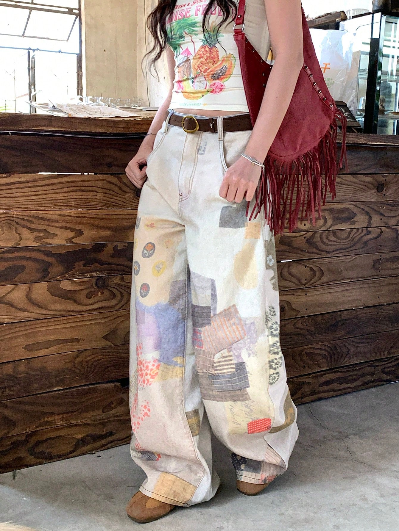 CM-BS031346 Women Casual Seoul Style Mid Waist Plaid Ombre Loose Fit Straight Leg Jeans