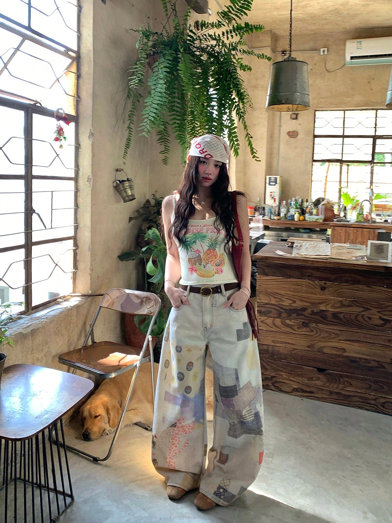 CM-BS031346 Women Casual Seoul Style Mid Waist Plaid Ombre Loose Fit Straight Leg Jeans