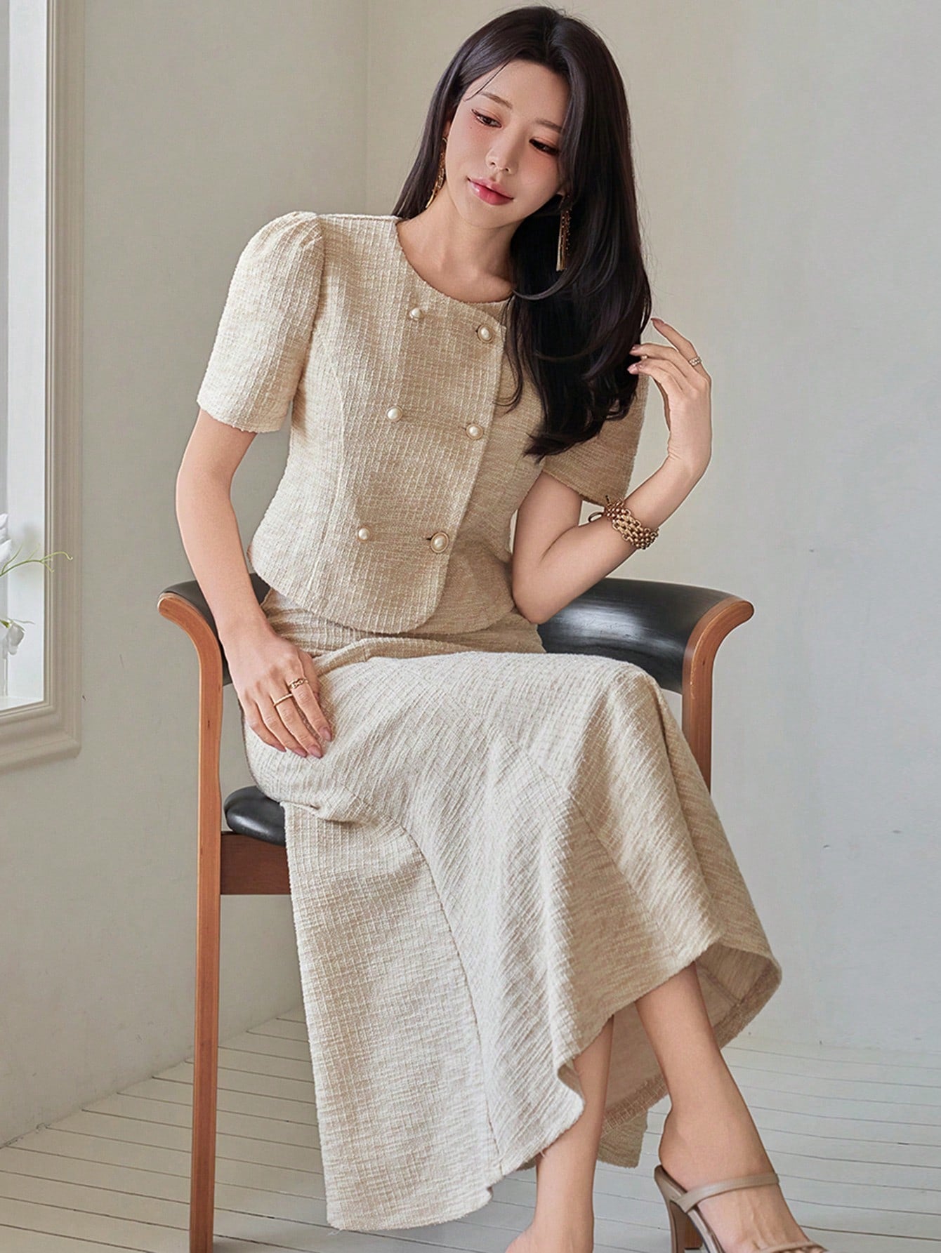 CM-SS455851 Women Elegant Seoul Style Solid Color Round Neck Puff Sleeve Blouse With Fish Tail Hem Skirt - Set