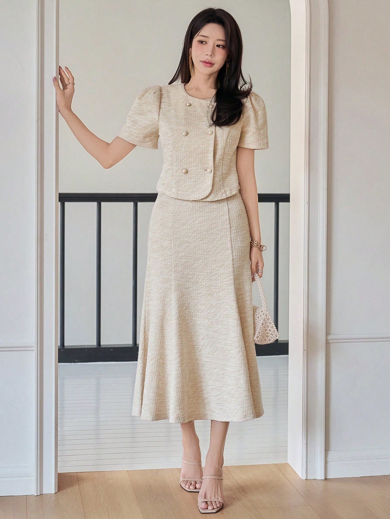 CM-SS455851 Women Elegant Seoul Style Solid Color Round Neck Puff Sleeve Blouse With Fish Tail Hem Skirt - Set
