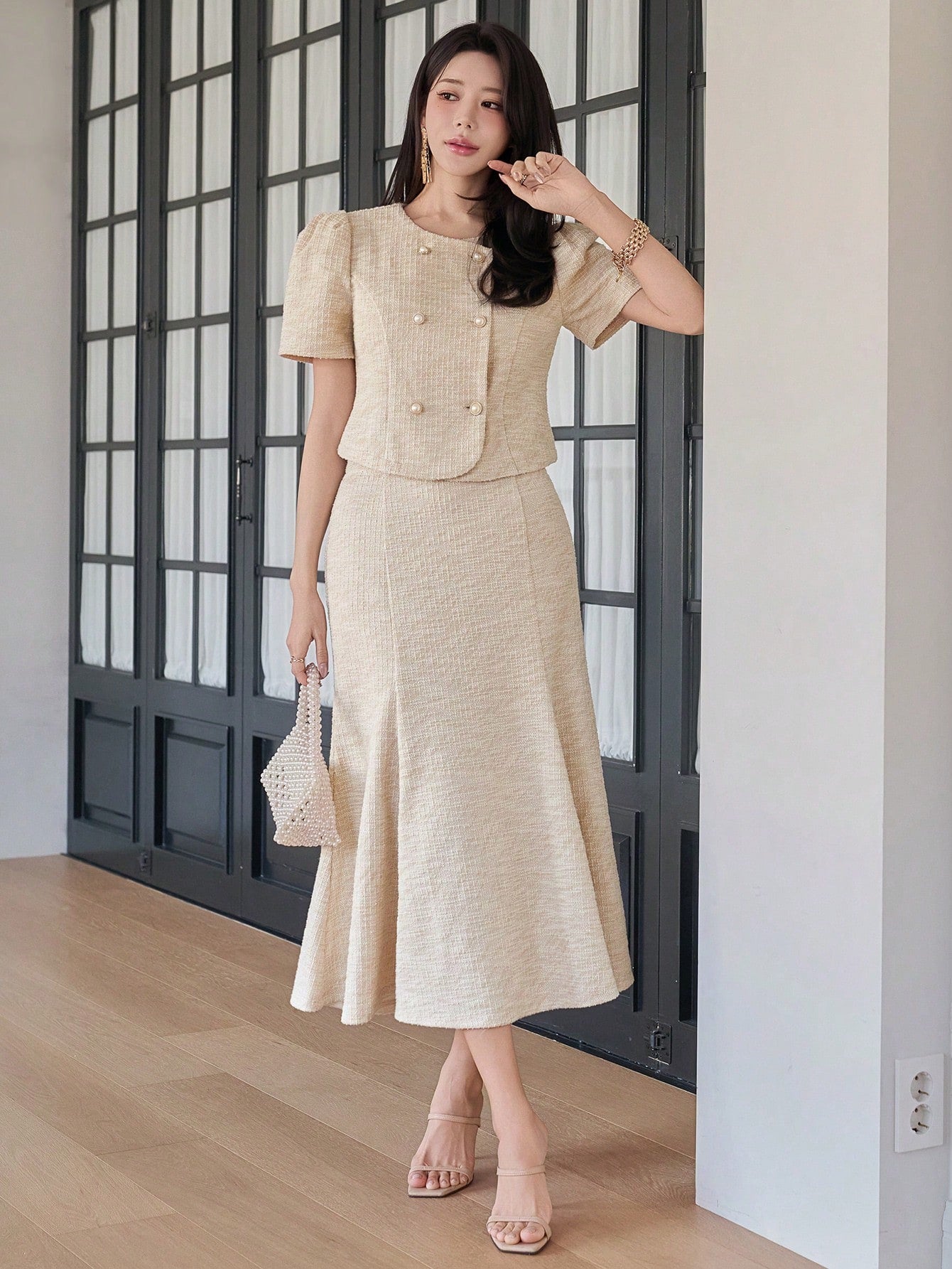 CM-SS455851 Women Elegant Seoul Style Solid Color Round Neck Puff Sleeve Blouse With Fish Tail Hem Skirt - Set