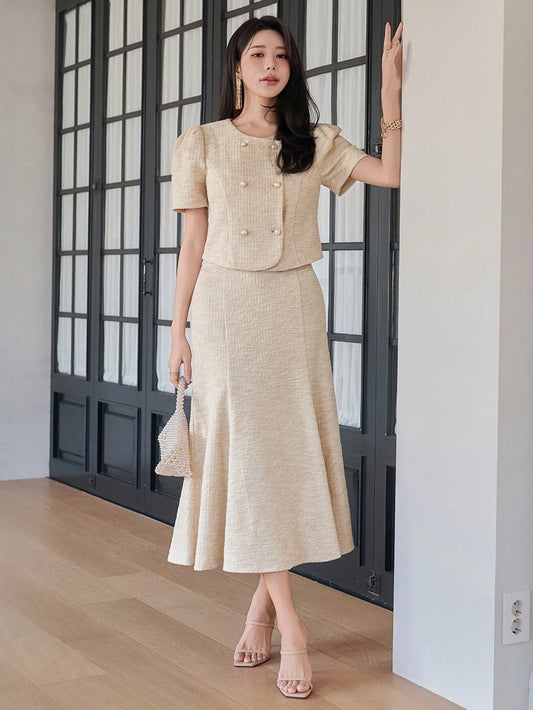 CM-SS455851 Women Elegant Seoul Style Solid Color Round Neck Puff Sleeve Blouse With Fish Tail Hem Skirt - Set