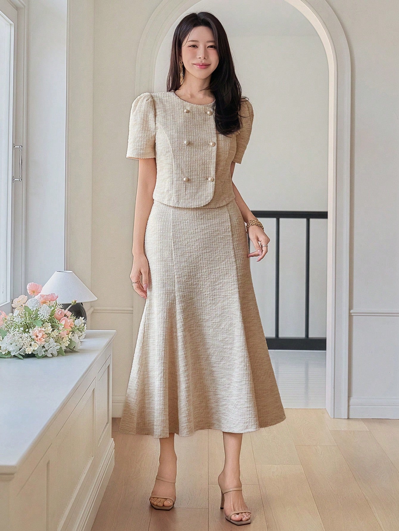 CM-SS455851 Women Elegant Seoul Style Solid Color Round Neck Puff Sleeve Blouse With Fish Tail Hem Skirt - Set