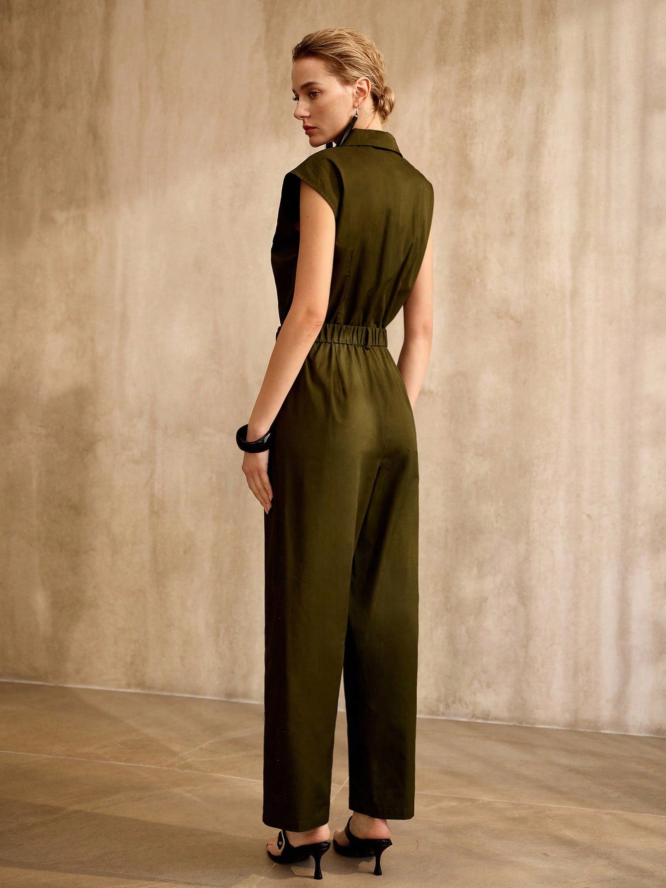 CM-JS847976 Women Elegant Seoul Style Collar Neckline Batwing Sleeve High Waist Belted Jumpsuit - Army Green