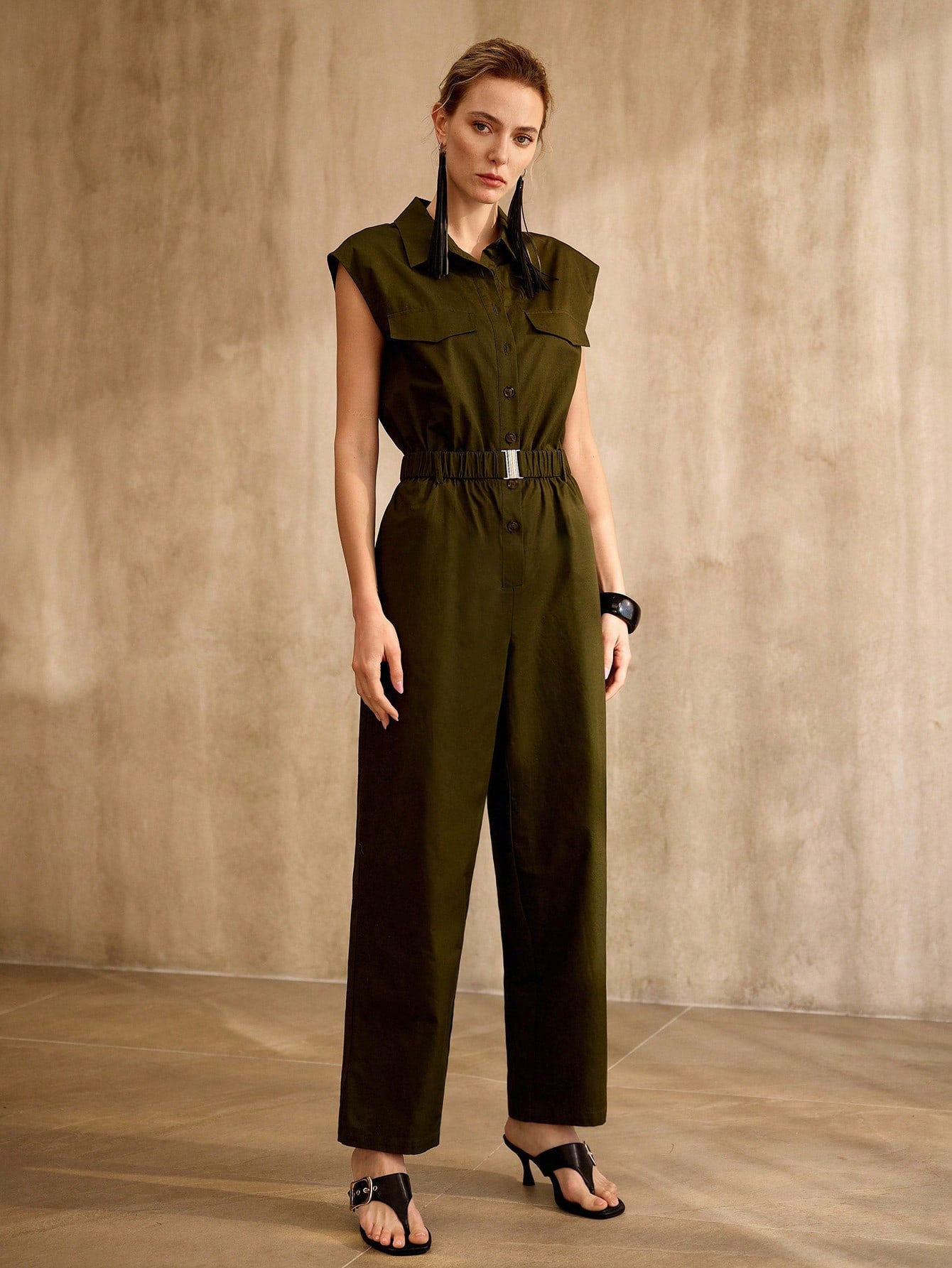 CM-JS847976 Women Elegant Seoul Style Collar Neckline Batwing Sleeve High Waist Belted Jumpsuit - Army Green