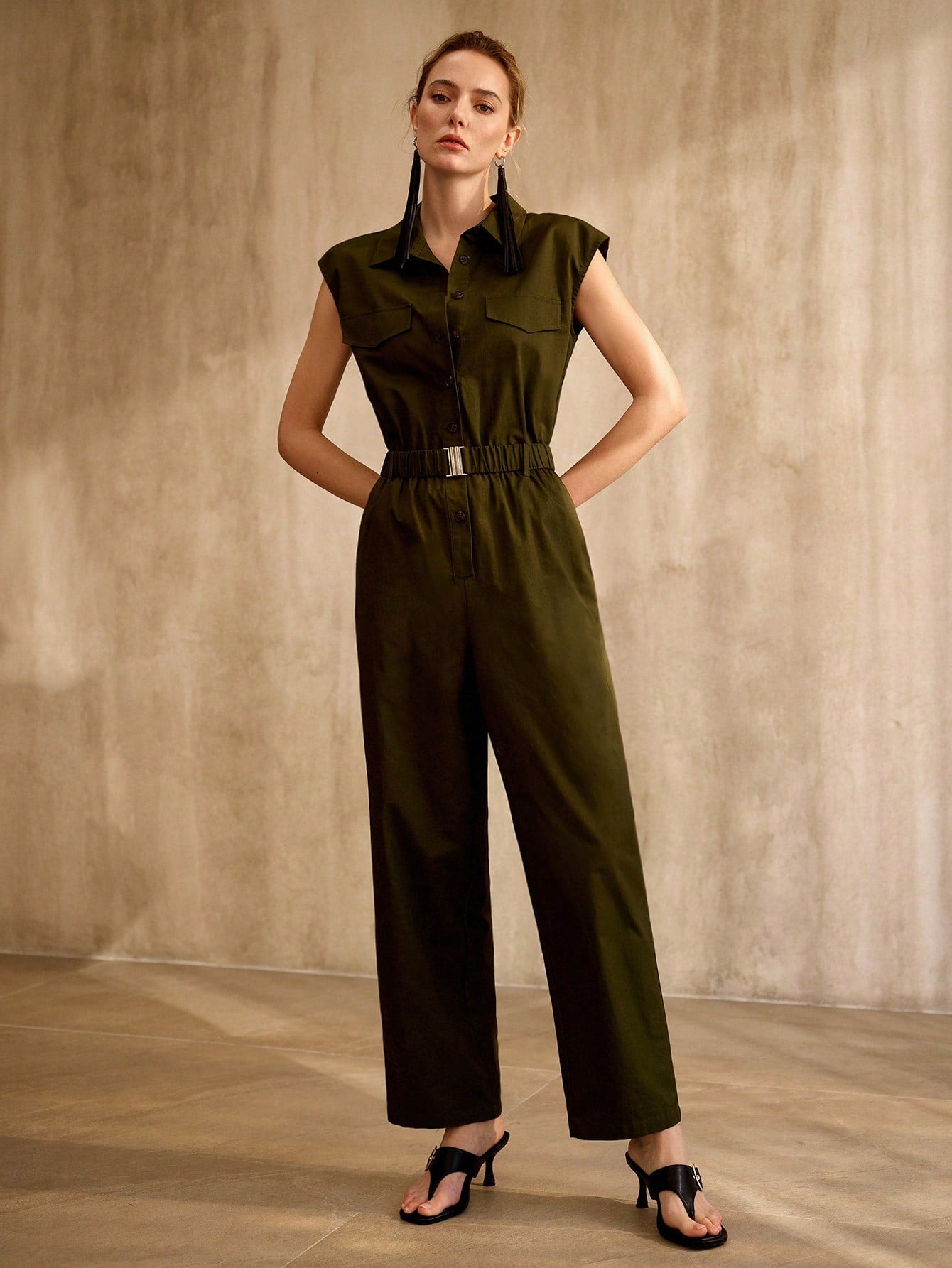 CM-JS847976 Women Elegant Seoul Style Collar Neckline Batwing Sleeve High Waist Belted Jumpsuit - Army Green