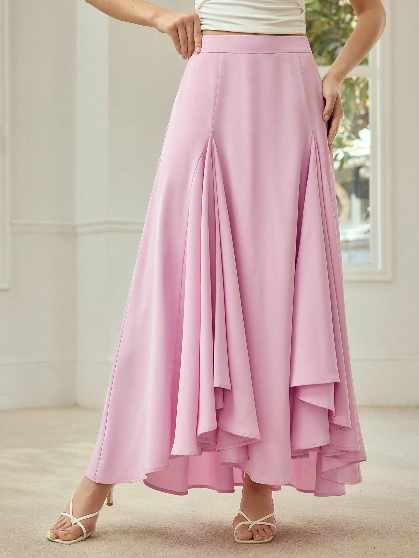 CM-BS239393 Women Elegant Seoul Style Asymmetrical Structure Patchwork A-Line Skirt - Pink