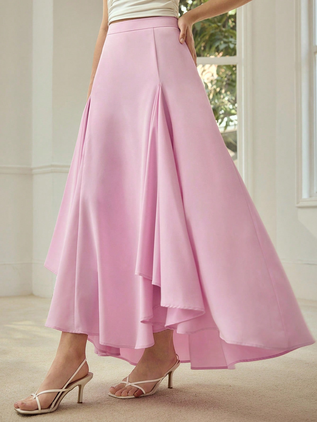 CM-BS239393 Women Elegant Seoul Style Asymmetrical Structure Patchwork A-Line Skirt - Pink