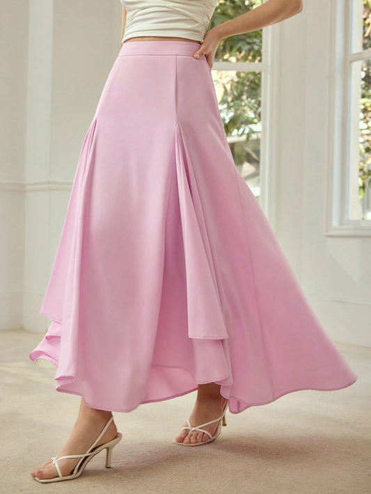 CM-BS239393 Women Elegant Seoul Style Asymmetrical Structure Patchwork A-Line Skirt - Pink