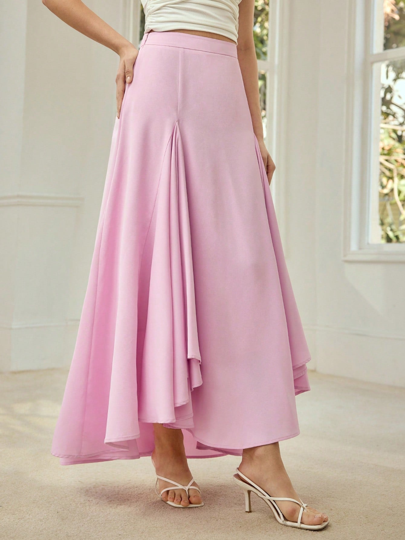CM-BS239393 Women Elegant Seoul Style Asymmetrical Structure Patchwork A-Line Skirt - Pink