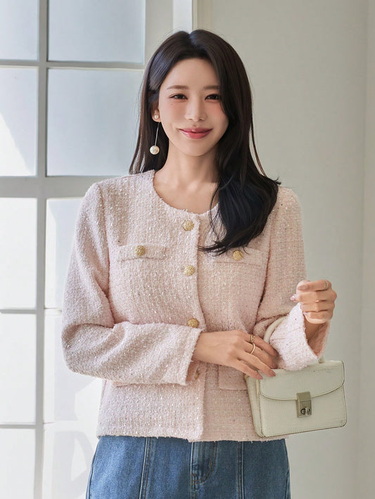 CM-CS493629 Women Elegant Seoul Style Round Neck Long Sleeve Single-Breasted Faux Pocket Jacket - Pink