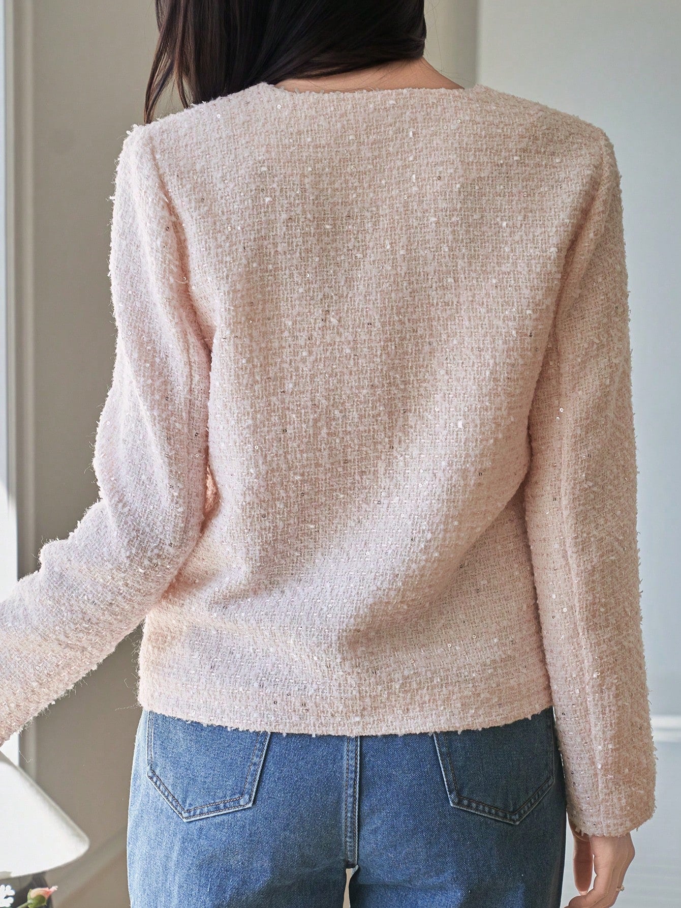 CM-CS493629 Women Elegant Seoul Style Round Neck Long Sleeve Single-Breasted Faux Pocket Jacket - Pink