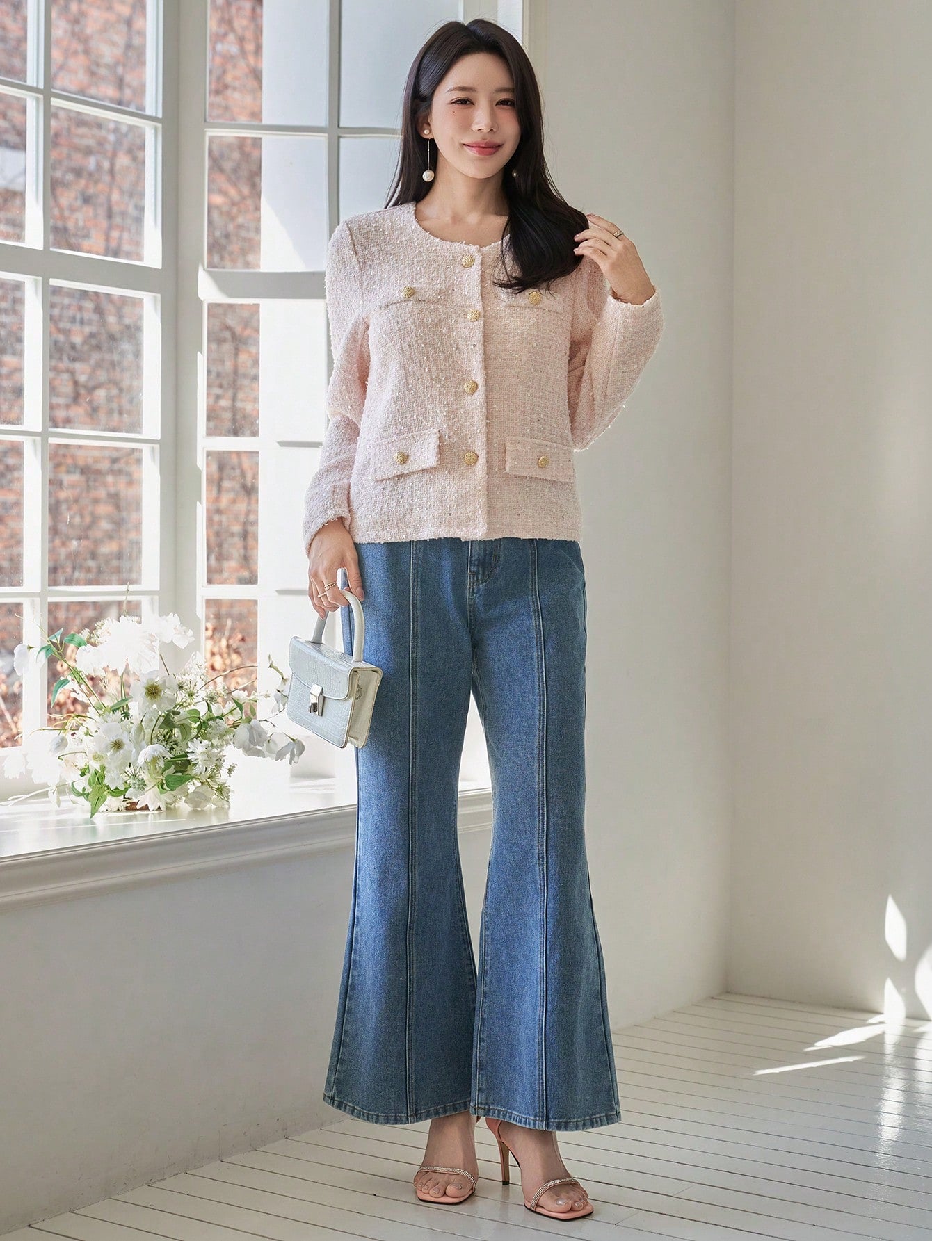 CM-CS493629 Women Elegant Seoul Style Round Neck Long Sleeve Single-Breasted Faux Pocket Jacket - Pink