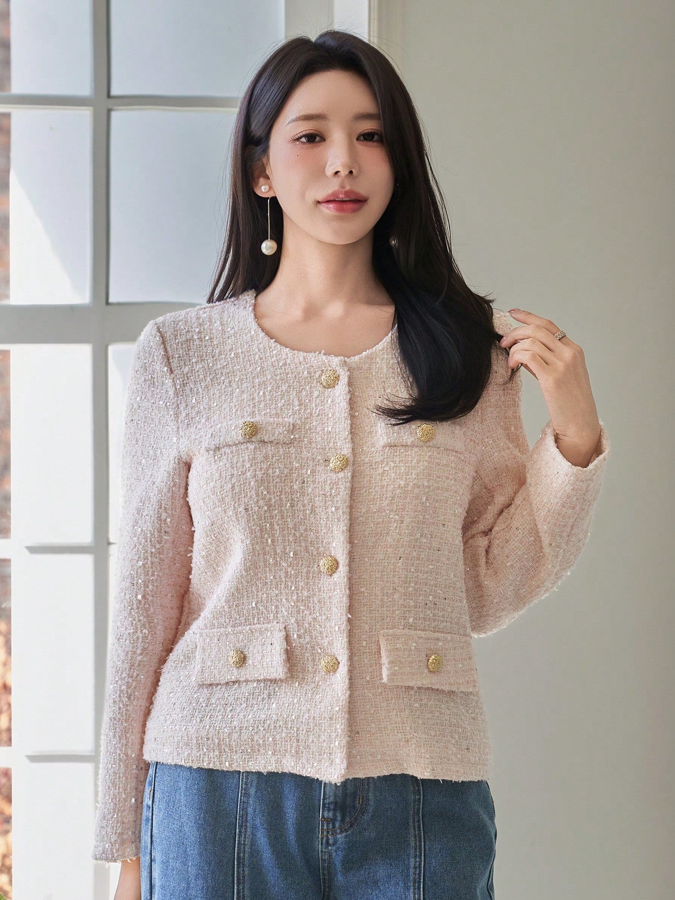CM-CS493629 Women Elegant Seoul Style Round Neck Long Sleeve Single-Breasted Faux Pocket Jacket - Pink