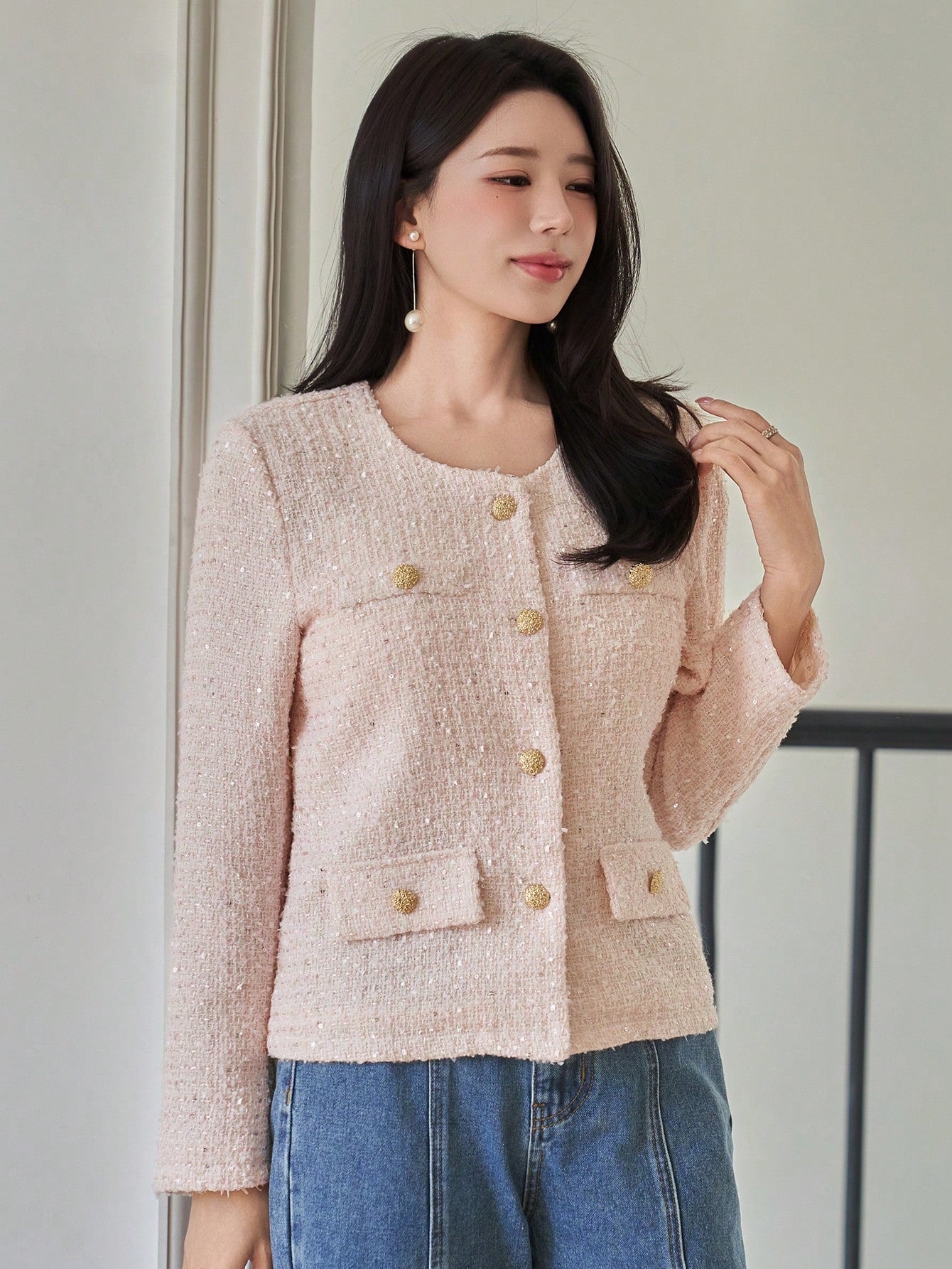 CM-CS493629 Women Elegant Seoul Style Round Neck Long Sleeve Single-Breasted Faux Pocket Jacket - Pink