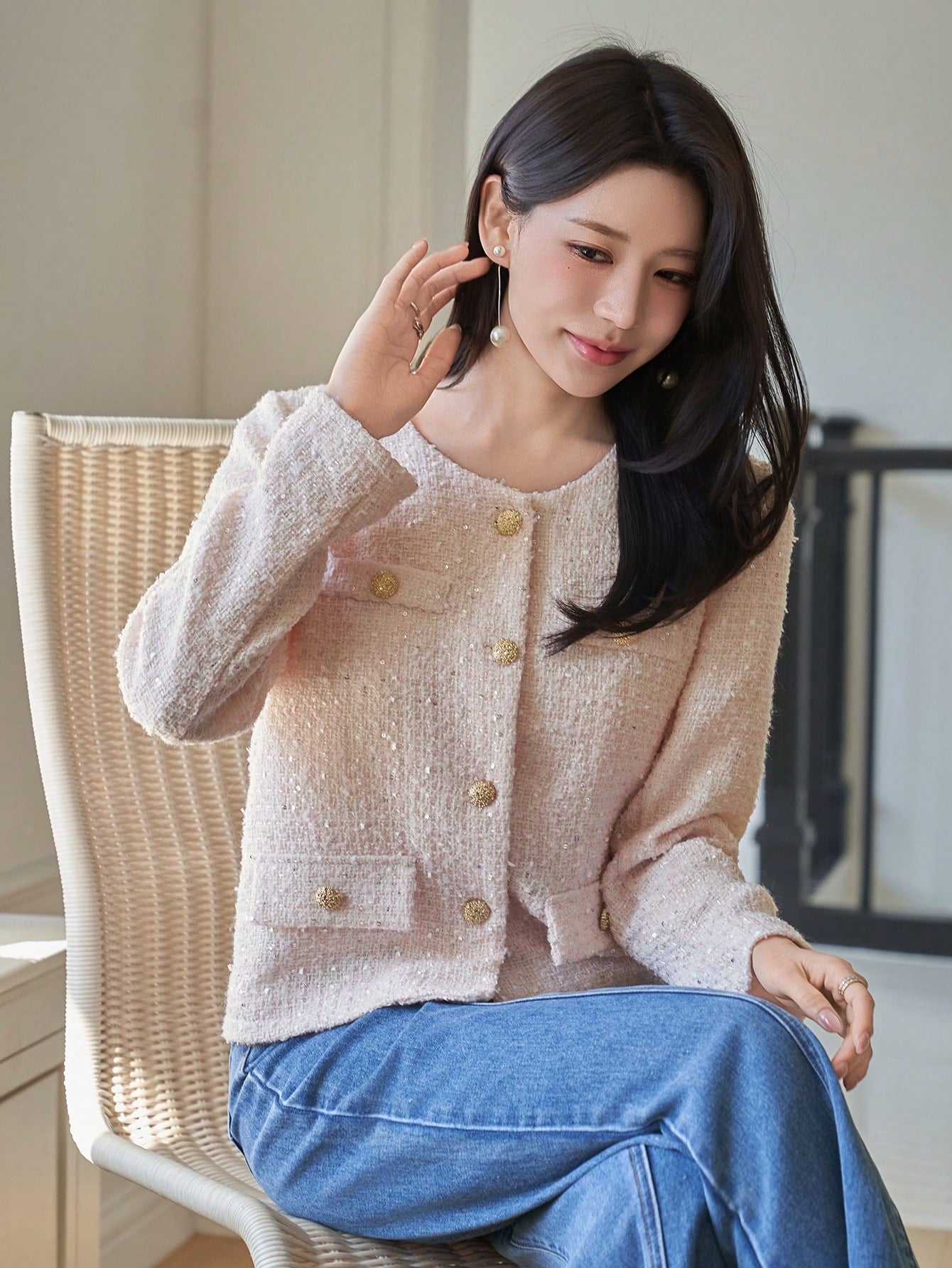 CM-CS493629 Women Elegant Seoul Style Round Neck Long Sleeve Single-Breasted Faux Pocket Jacket - Pink