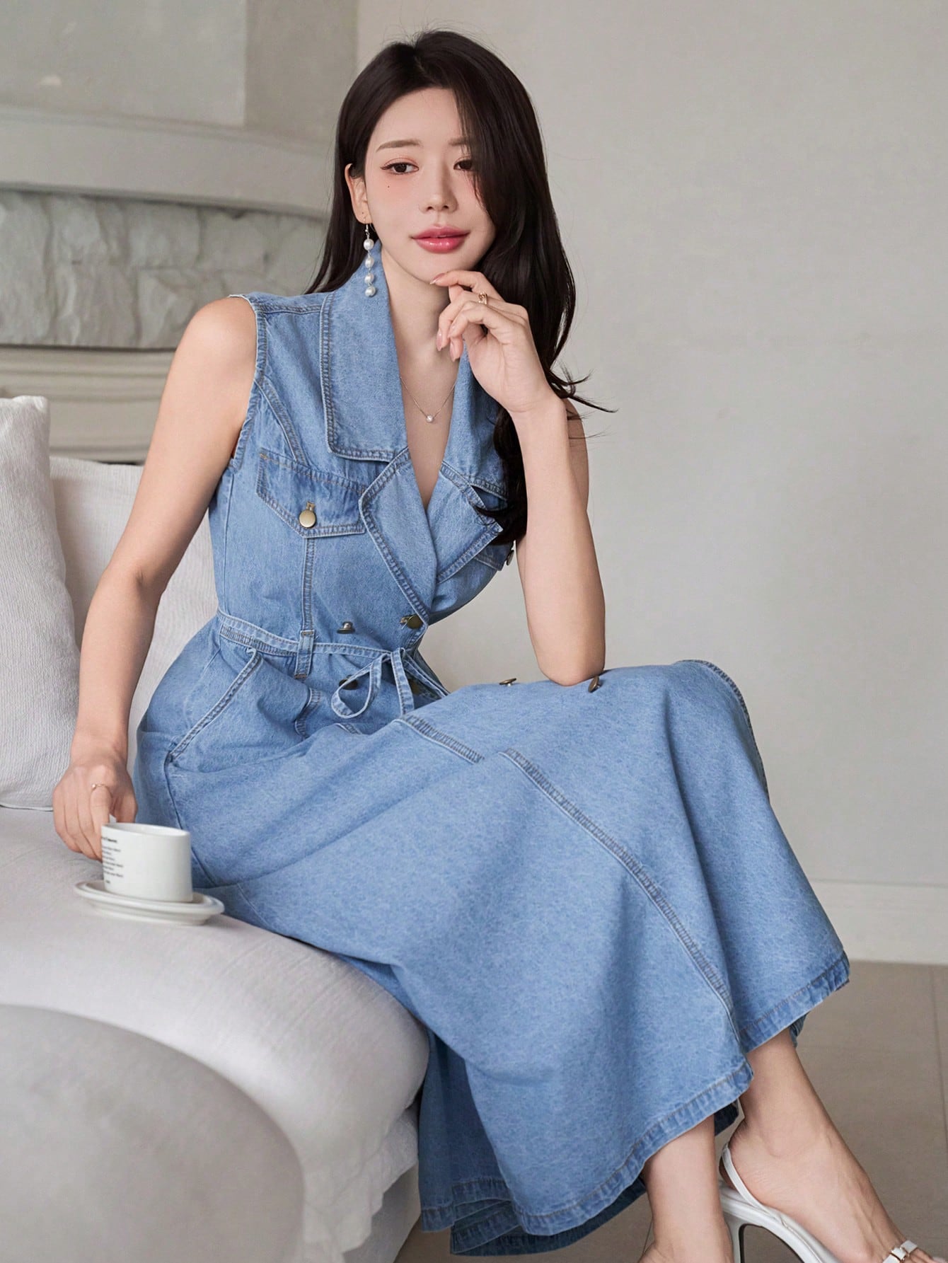CM-DS252161 Women Casual Seoul Style Lapel Collar Sleeveless High Waist Denim Dress With Belt - Blue
