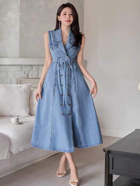 CM-DS252161 Women Casual Seoul Style Lapel Collar Sleeveless High Waist Denim Dress With Belt - Blue