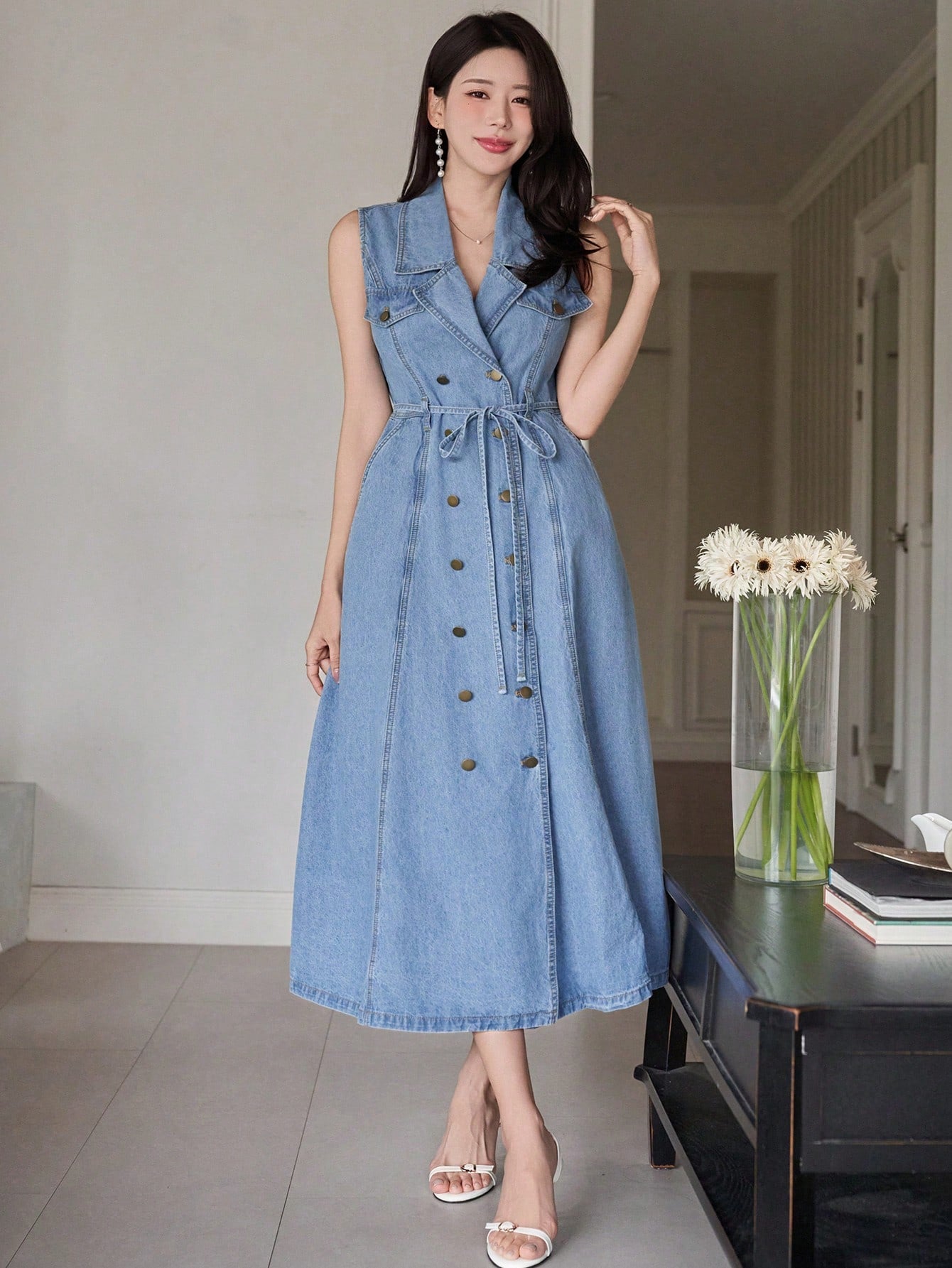 CM-DS252161 Women Casual Seoul Style Lapel Collar Sleeveless High Waist Denim Dress With Belt - Blue