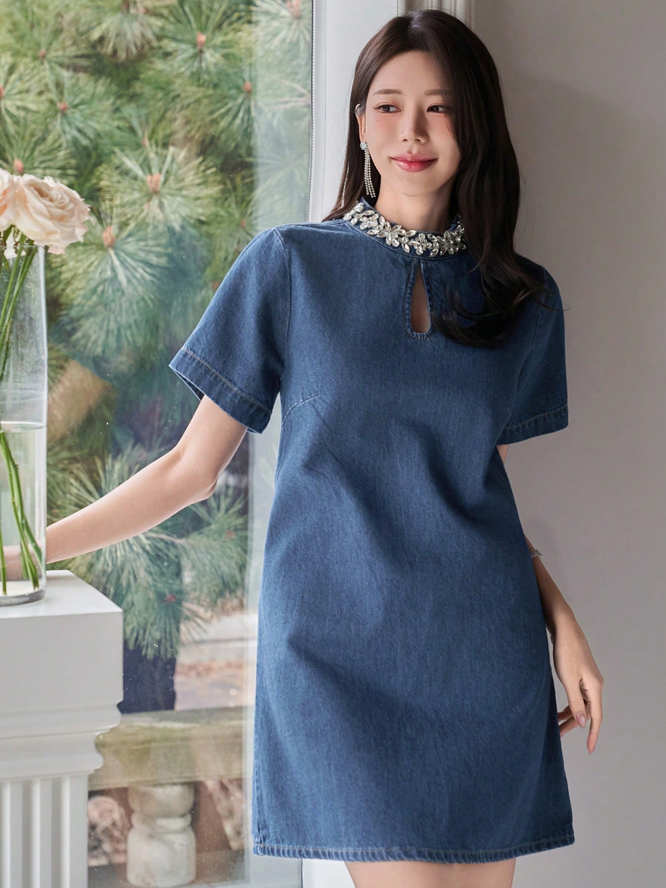 CM-DS196089 Women Casual Seoul Style Rivet Studded Stand Collar Straight Short Denim Dress - Blue