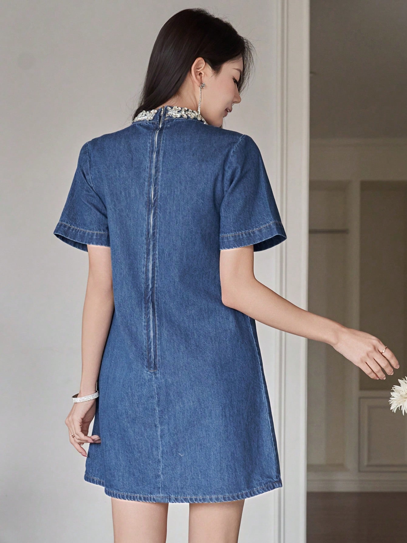 CM-DS196089 Women Casual Seoul Style Rivet Studded Stand Collar Straight Short Denim Dress - Blue