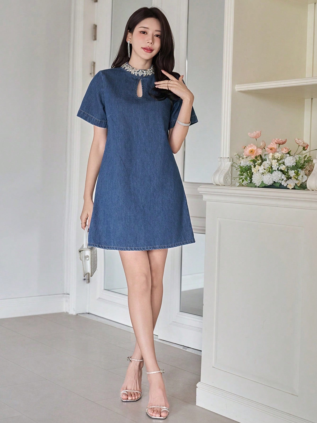 CM-DS196089 Women Casual Seoul Style Rivet Studded Stand Collar Straight Short Denim Dress - Blue
