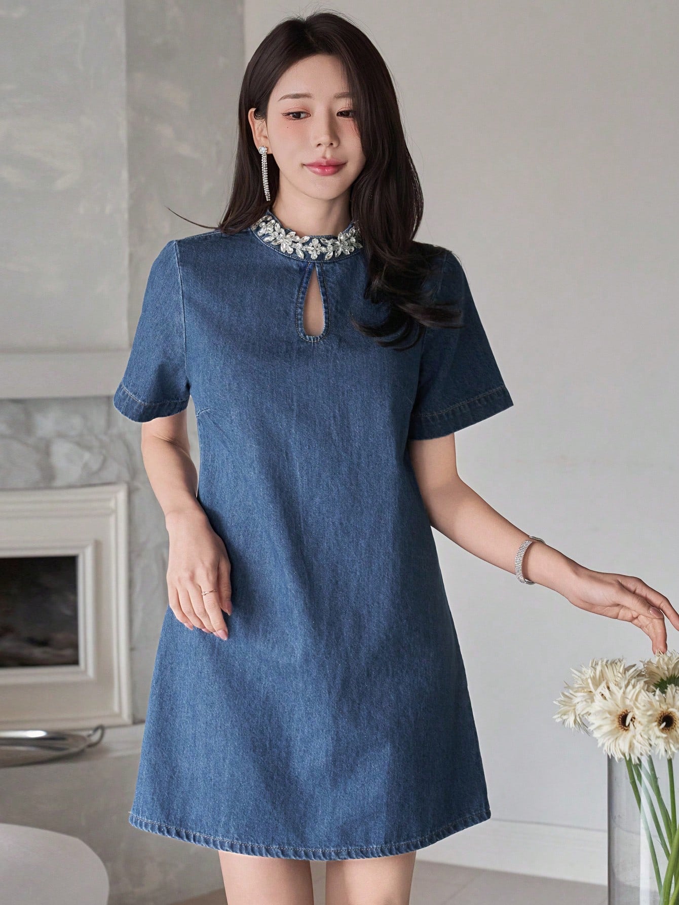 CM-DS196089 Women Casual Seoul Style Rivet Studded Stand Collar Straight Short Denim Dress - Blue