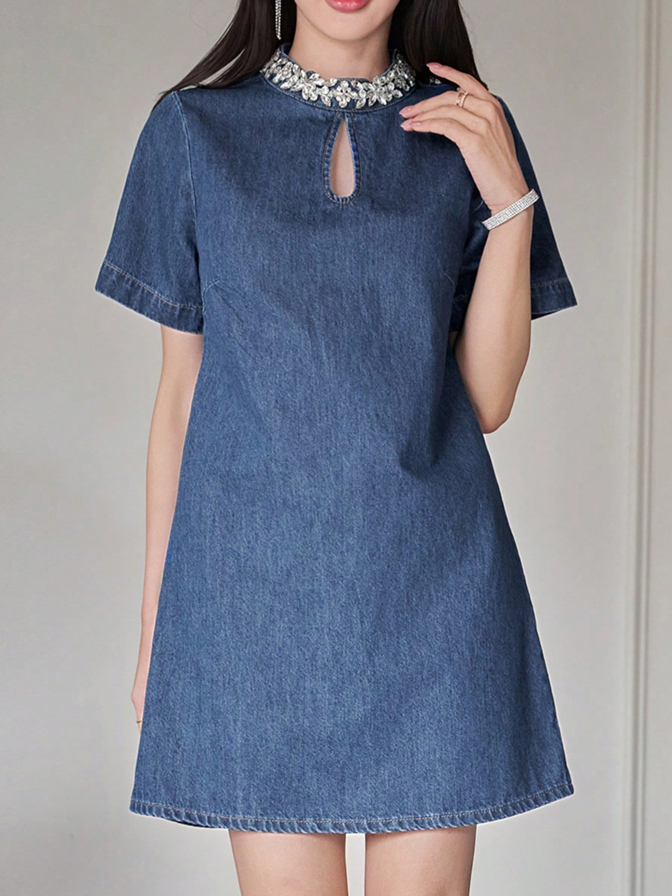 CM-DS196089 Women Casual Seoul Style Rivet Studded Stand Collar Straight Short Denim Dress - Blue