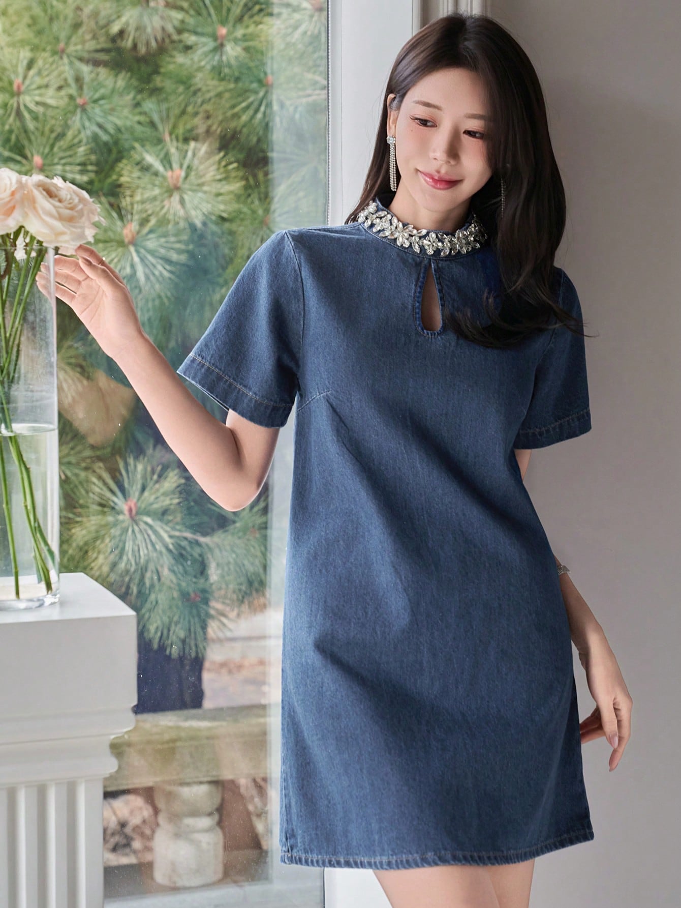 CM-DS196089 Women Casual Seoul Style Rivet Studded Stand Collar Straight Short Denim Dress - Blue