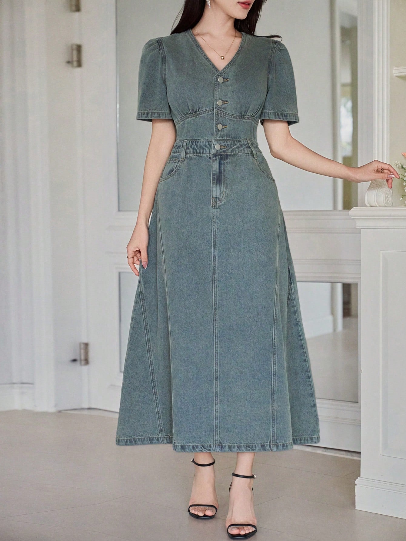 CM-DS941191 Women Casual Seoul Style V-Neck Puff Sleeve High Waist A-Line Denim Dress - Blue