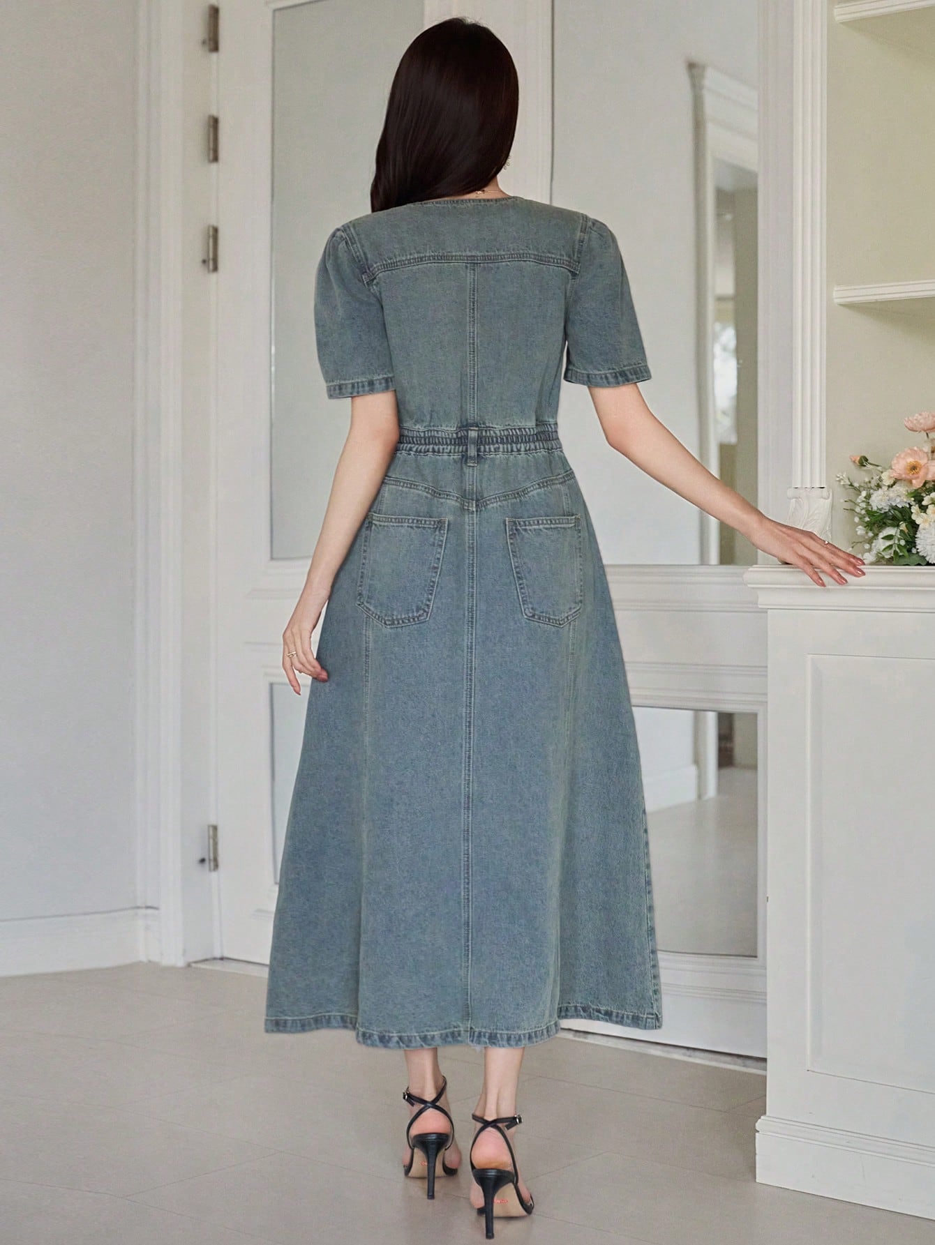 CM-DS941191 Women Casual Seoul Style V-Neck Puff Sleeve High Waist A-Line Denim Dress - Blue