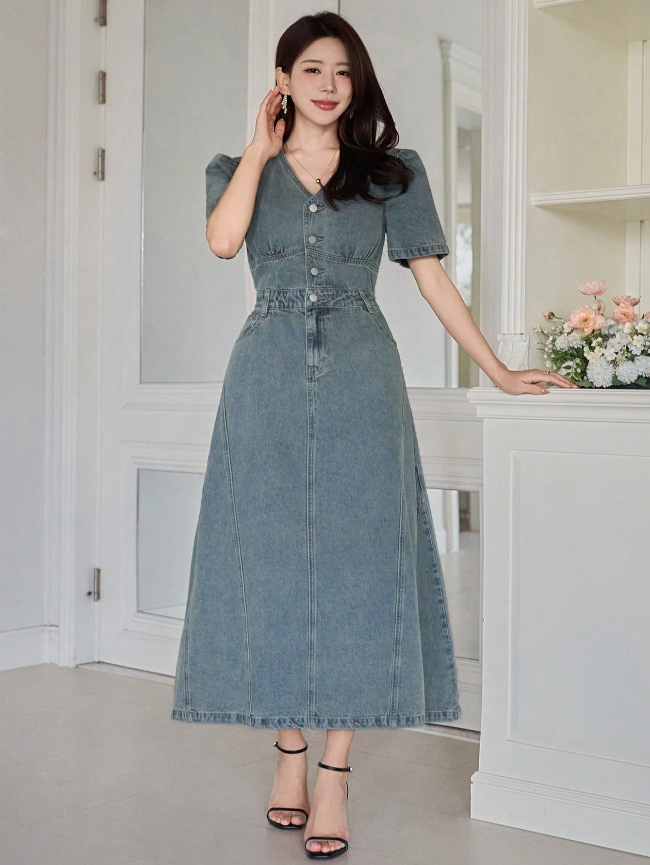 CM-DS941191 Women Casual Seoul Style V-Neck Puff Sleeve High Waist A-Line Denim Dress - Blue