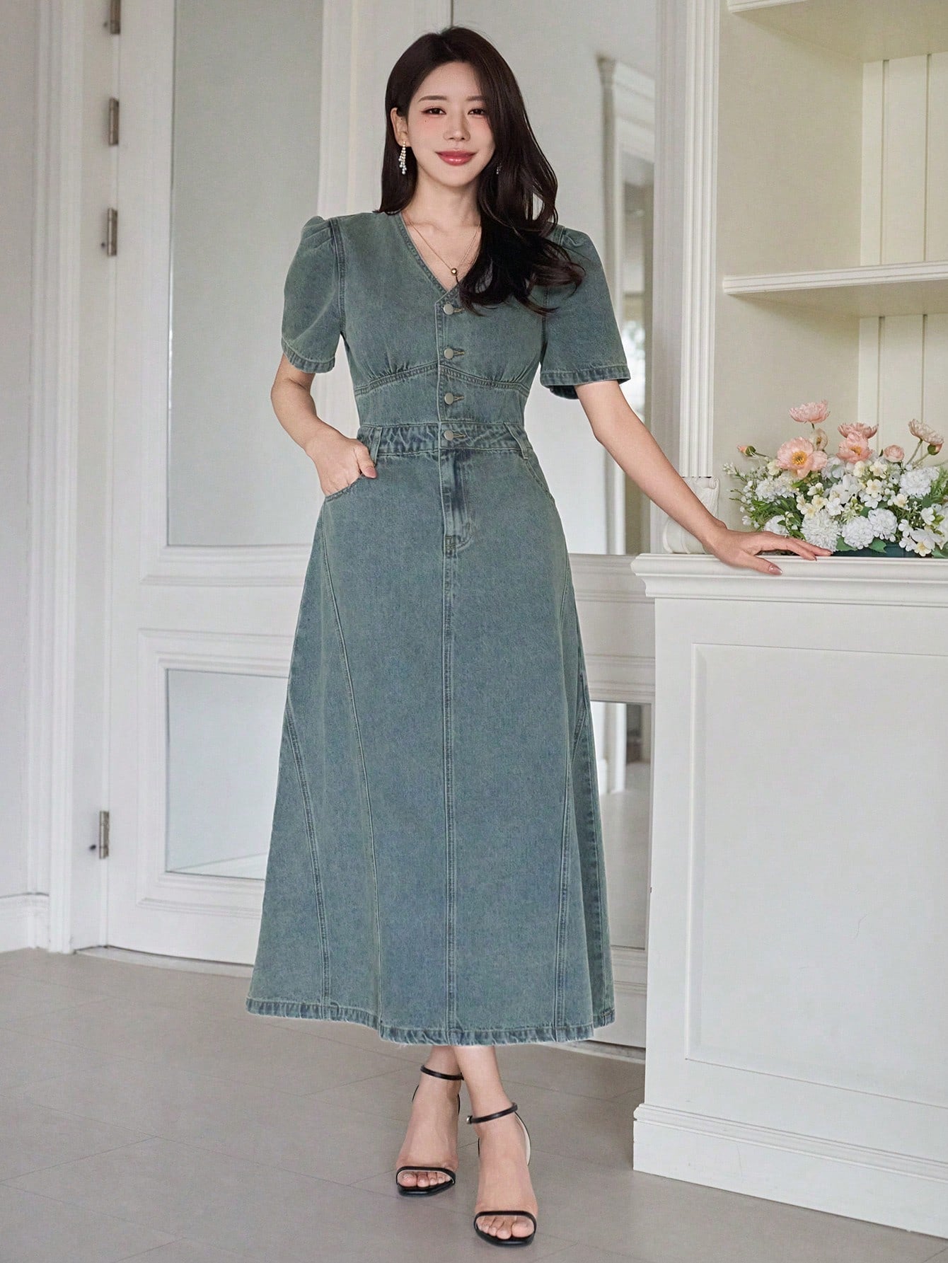 CM-DS941191 Women Casual Seoul Style V-Neck Puff Sleeve High Waist A-Line Denim Dress - Blue