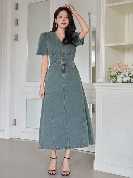 CM-DS941191 Women Casual Seoul Style V-Neck Puff Sleeve High Waist A-Line Denim Dress - Blue